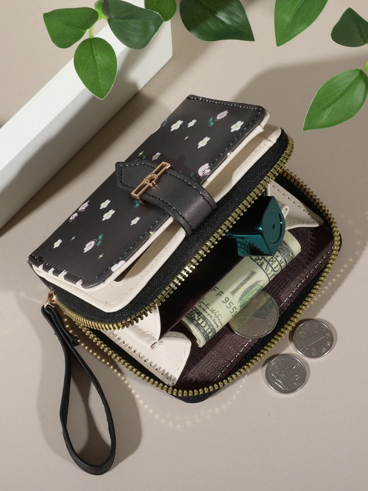 Flower Patterned Credit Card Holder – Small Zipper Card Case Wallet for Women & Men, Handheld and Compact