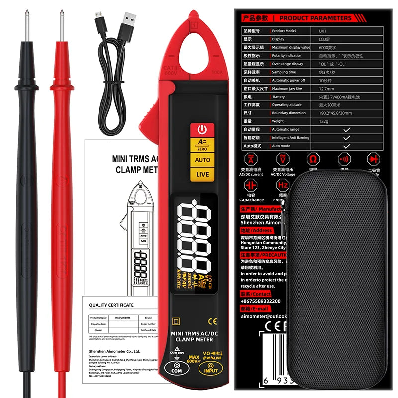 UX1 Digital Clamp Meter 6000 Counts - 100A TRMS AC/DC Mini Multimeter with Rechargeable LCD Display