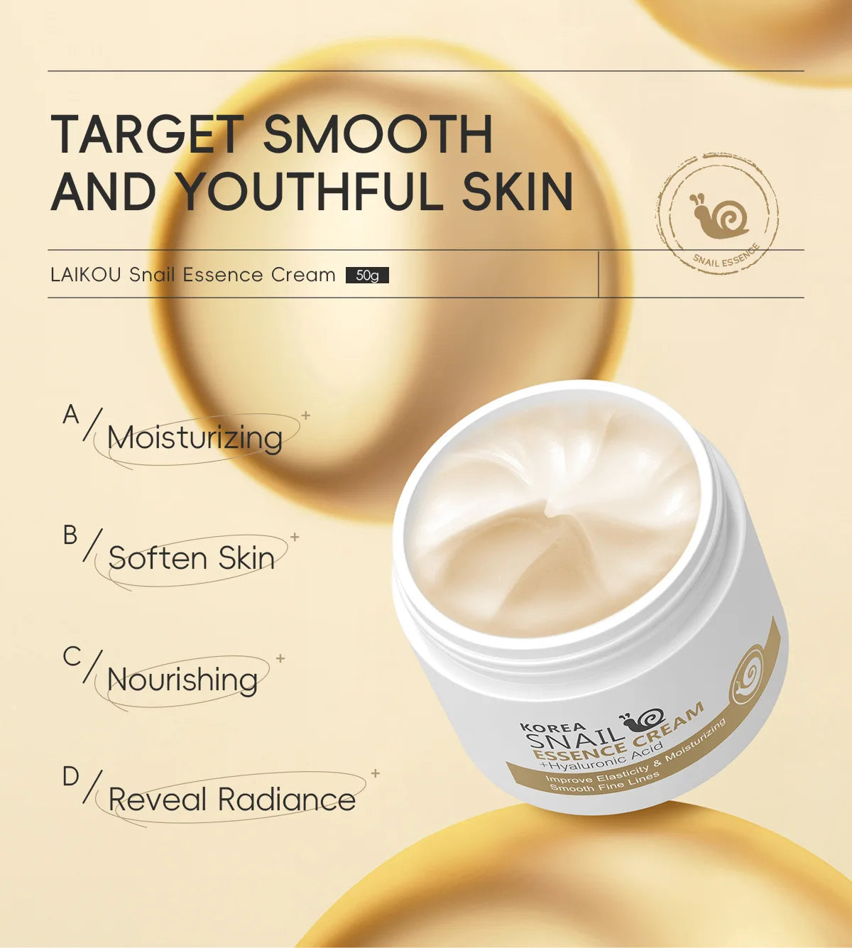 50g Snail Face Cream – Hydrating Hyaluronic Acid Moisturizer, Smooths Dry Rough Skin, Nourishing Essence Skincare for Soft Radiant Face Cream