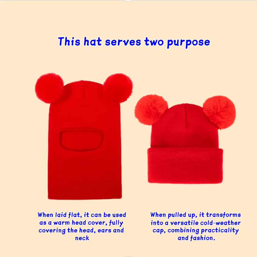 Kids Winter Hooded Knitted Hat - Warm Double-Ball Cap with Ear & Neck Protection