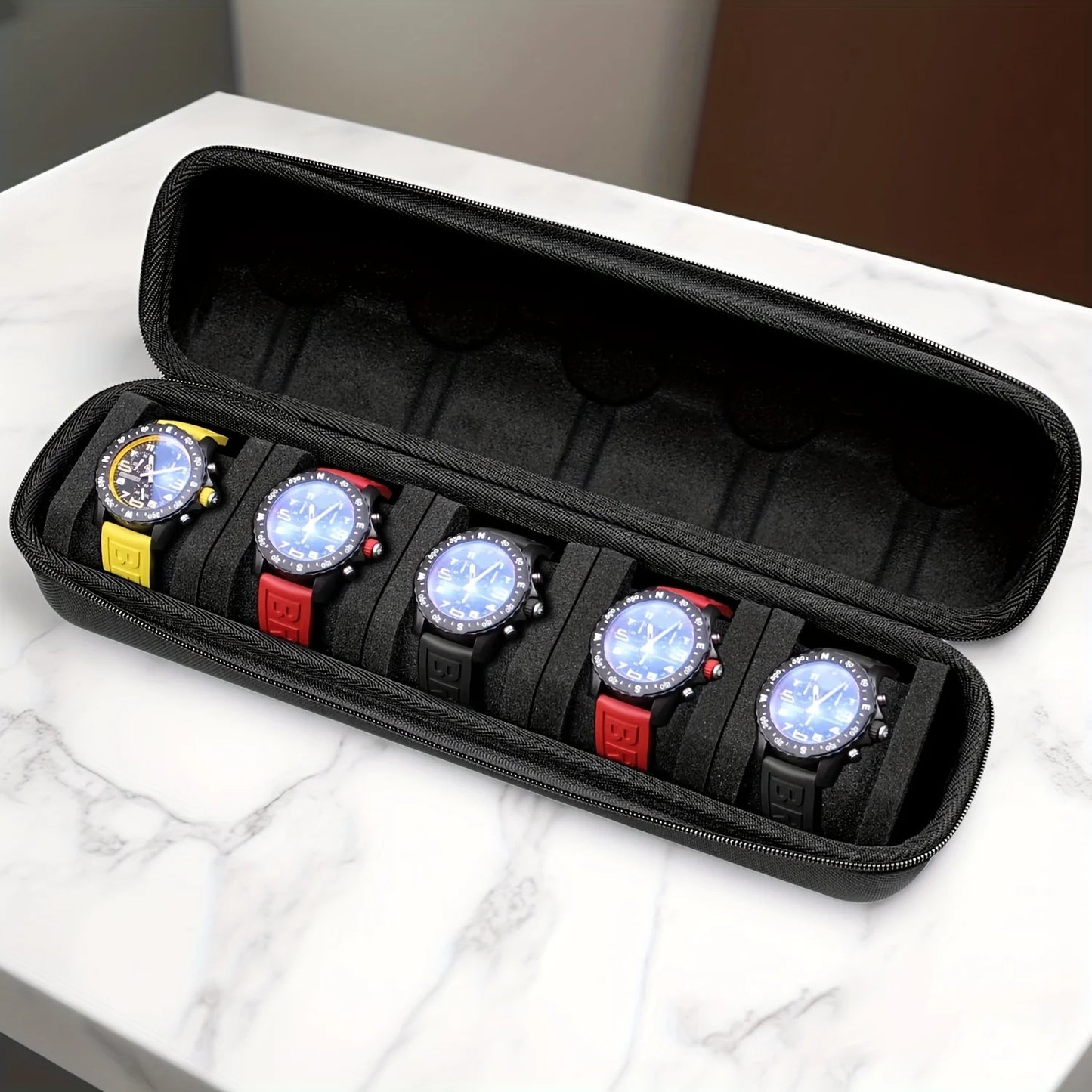 5-Slot Watch Case Travel Organizer — Hard Shell with Pillow Insert, Smartwatch Storage & Gift-Ready (Black)