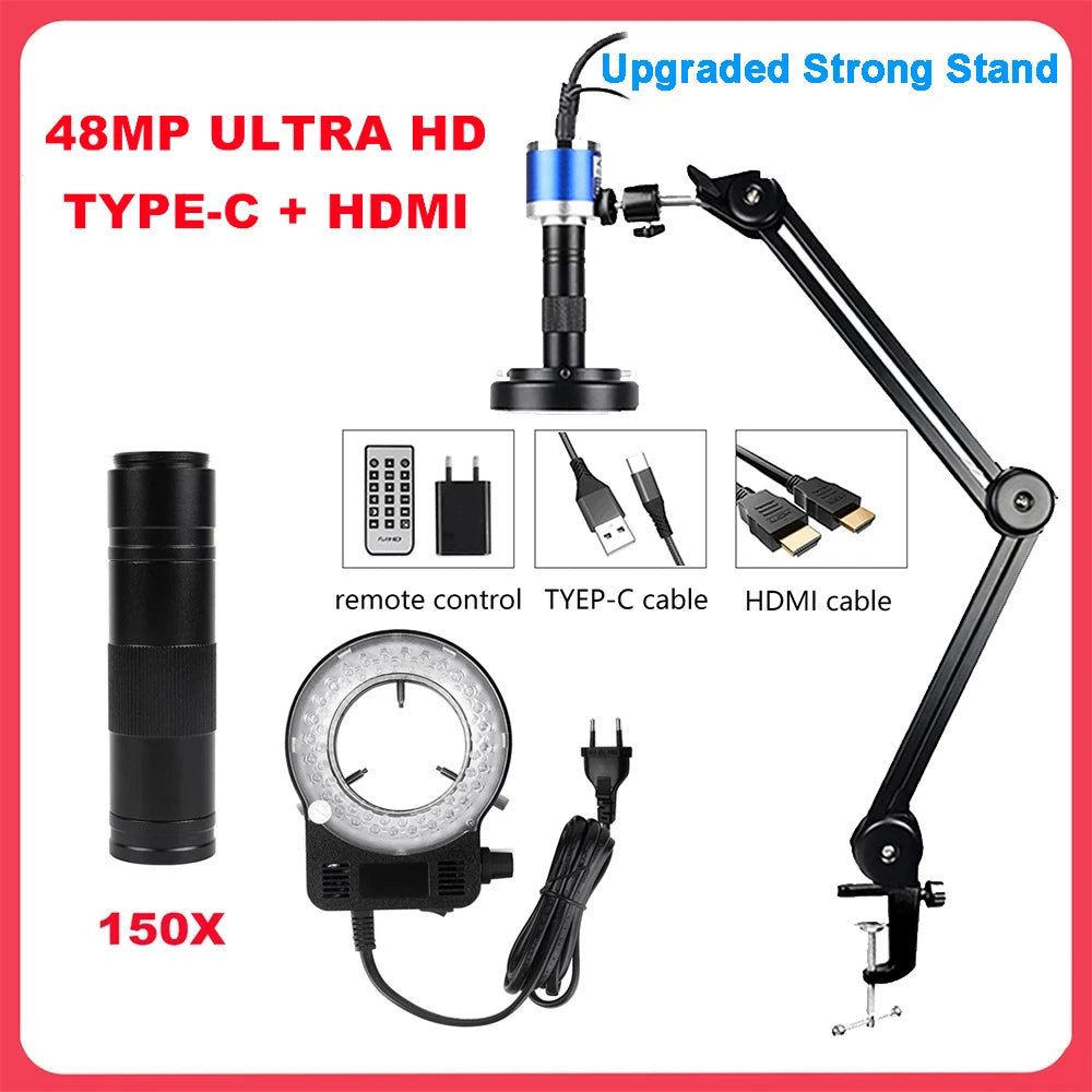 1080P 48MP 4K Digital Microscope – HDMI/USB/VGA Camera with 150X C-Mount & Articulated Arm for Repair
