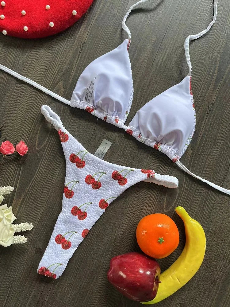 Women’s Cherry Print Bikini Set – Brazilian Thong Two-Piece Swimwear, Sexy Beach Bathing Suit