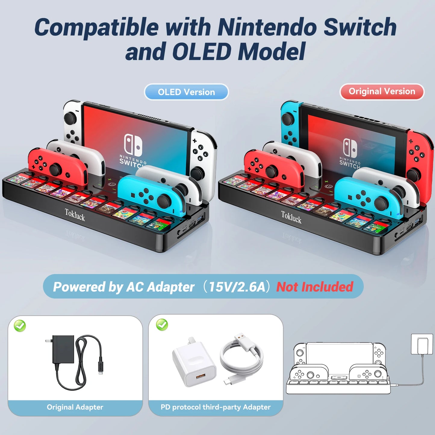 Switch Joy-Con Charger & Game Card Dock Station — HDMI & USB 3.0 Port Charging Stand for Switch OLED with Storage