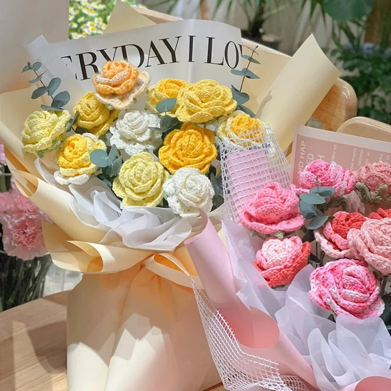 Tulip & Sunflower Knitting Flower Bouquet – Handcrafted Crochet Carnations, DIY Handmade Fake Flowers for Decor