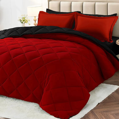 Reversible Red & Black Comforter Set 2/3pcs – All Season Down Alternative Bedding with Pillow Shams