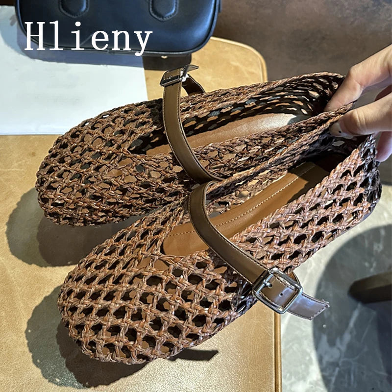 Hlieny Women’s Summer Mesh Flats – Hollow Weave Round Toe Loafers with Buckle Strap, Casual Mary Jane Mules Sandals