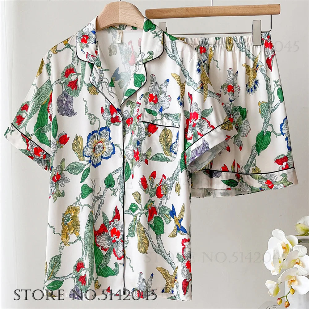 Fashion Floral Print Satin Pajamas Set for Women – Spring Summer Loose Sleepwear Loungewear Homewear Suit
