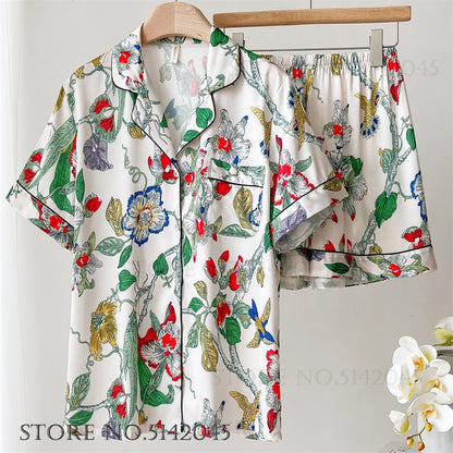 Fashion Floral Print Satin Pajamas Set for Women – Spring Summer Loose Sleepwear Loungewear Homewear Suit