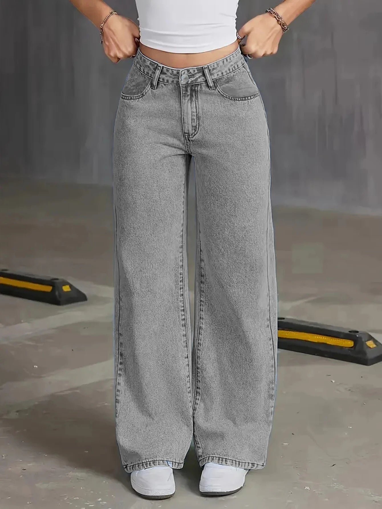 Women’s Autumn High-Waisted Wide-Leg Jeans – Light Grey Washed Loose-Fit Casual Denim Pants