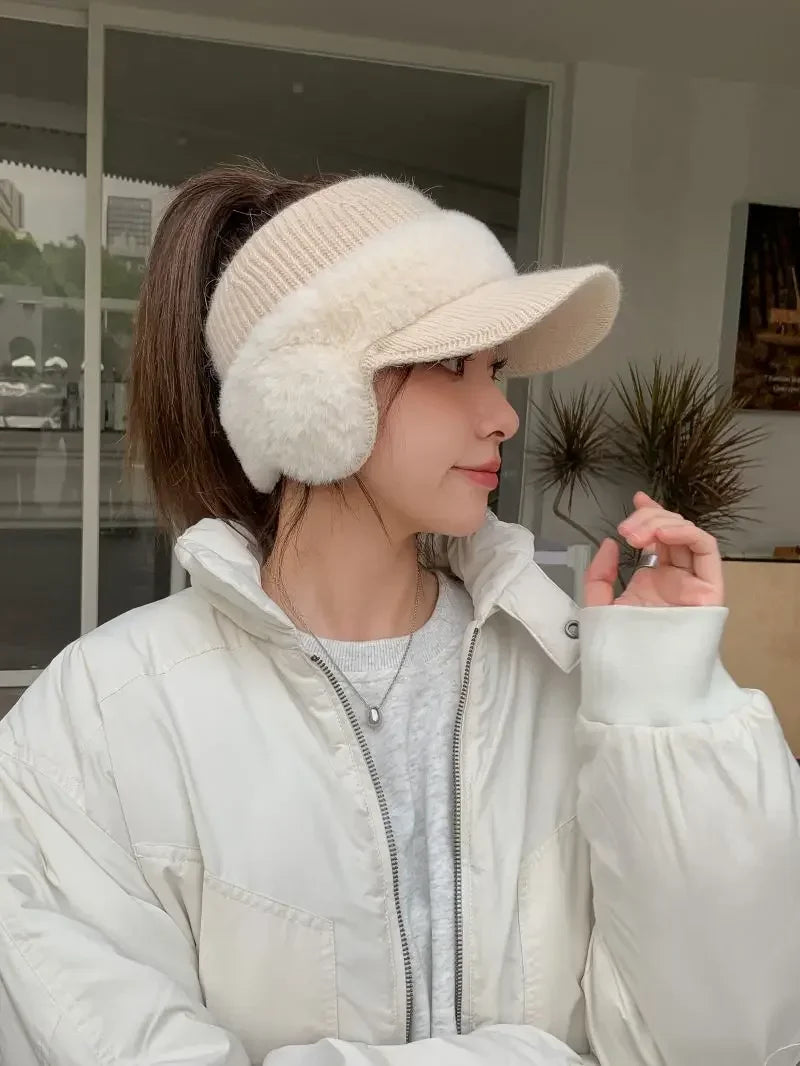 Winter Hats for Women 2023 – Fashionable Knitted Earflap Baseball Cap, Windproof Ponytail Visor for Outdoor Sports