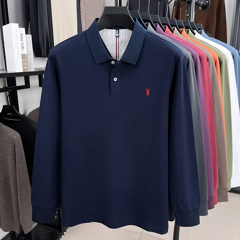 Men's 100% Cotton Long Sleeve Polo Shirt - Embroidered Business Casual Fashion Polo