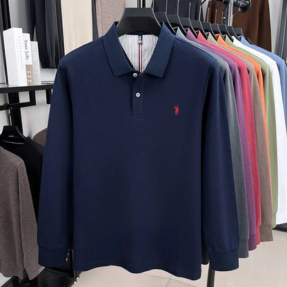 Men's 100% Cotton Long Sleeve Polo Shirt - Embroidered Business Casual Fashion Polo