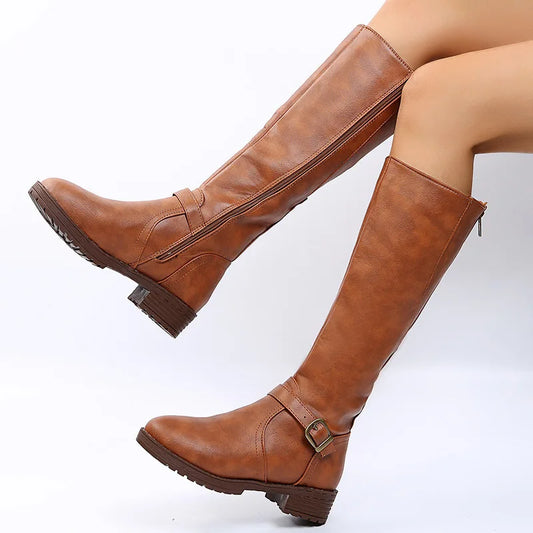 Vintage Brown Women’s Knee-High Boots – Low Heel PU Leather Platform Winter Booties, Big Size