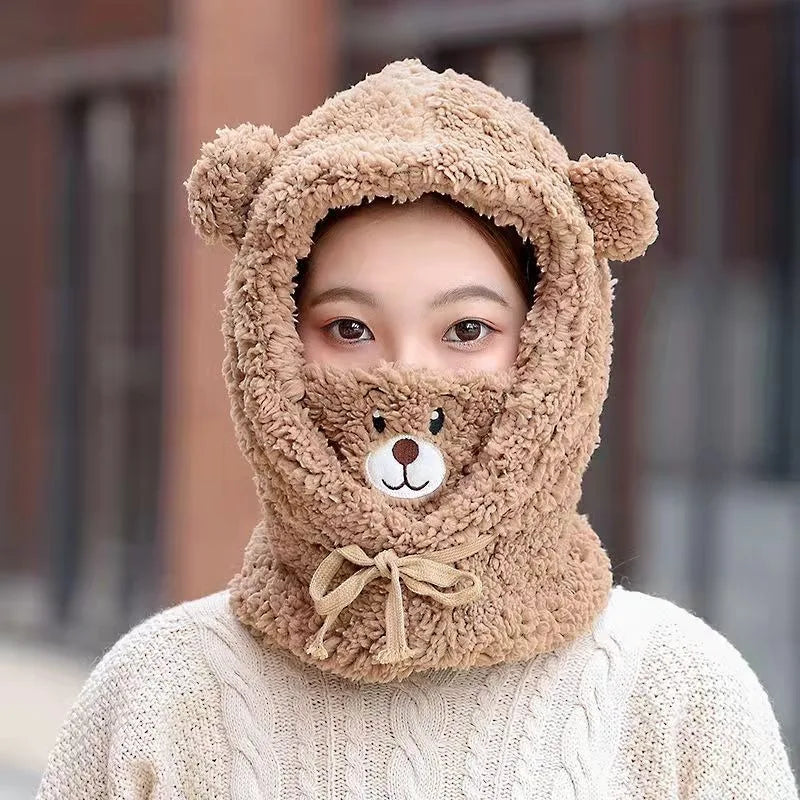 Cartoon Bear Ear Lamb Beanie Hat with Mask - Warm Balaclava Winter Skullies for Women & Girls