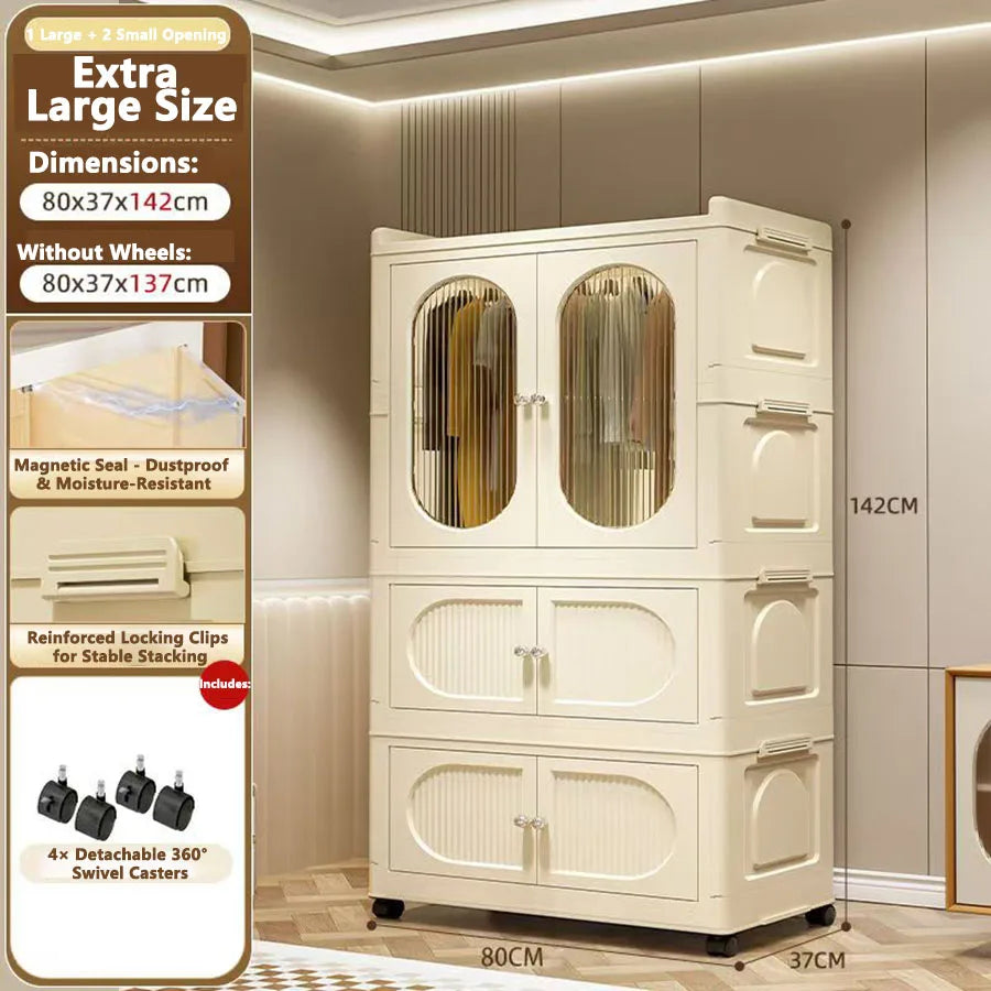 Foldable Storage Cabinet with Drawers – Dustproof Wardrobe Organizer for Home & Office