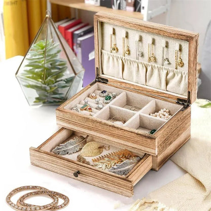 Vintage Solid Wood Jewelry Box – Two-Layer Necklace & Earring Display with Mirror