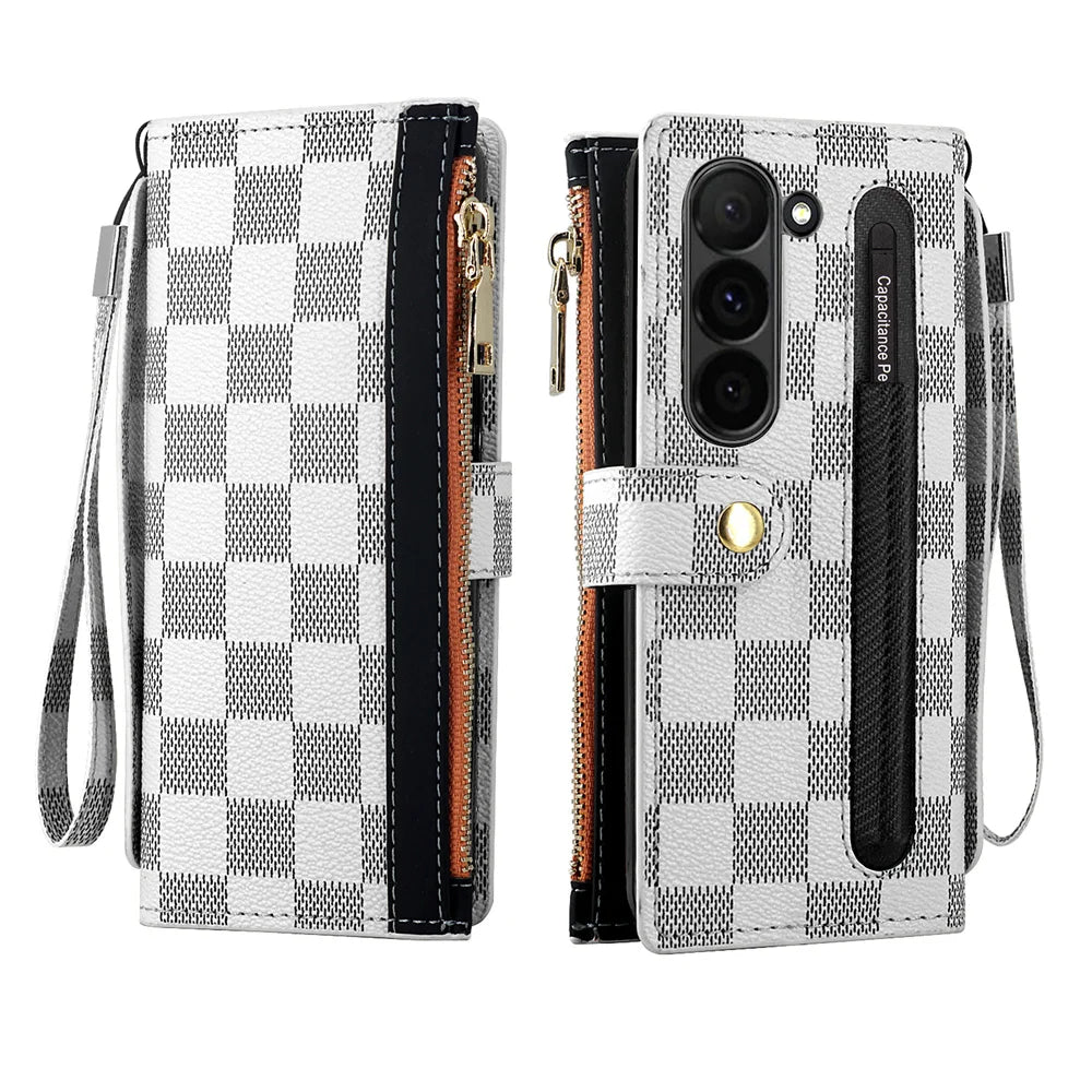 Leather Card Wallet Case with S Pen Slot for Samsung Galaxy Z Fold 6/5/4/3/2 — Multifunctional Zipper Protection Cover