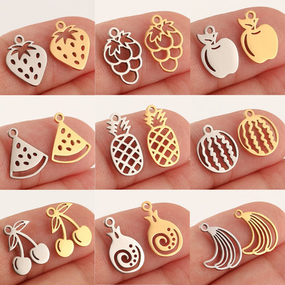 5pcs Stainless Steel Fruit Charms – Strawberry, Cherry, Pineapple & Watermelon Pendants for DIY Bracelets & Necklace Jewelry Making