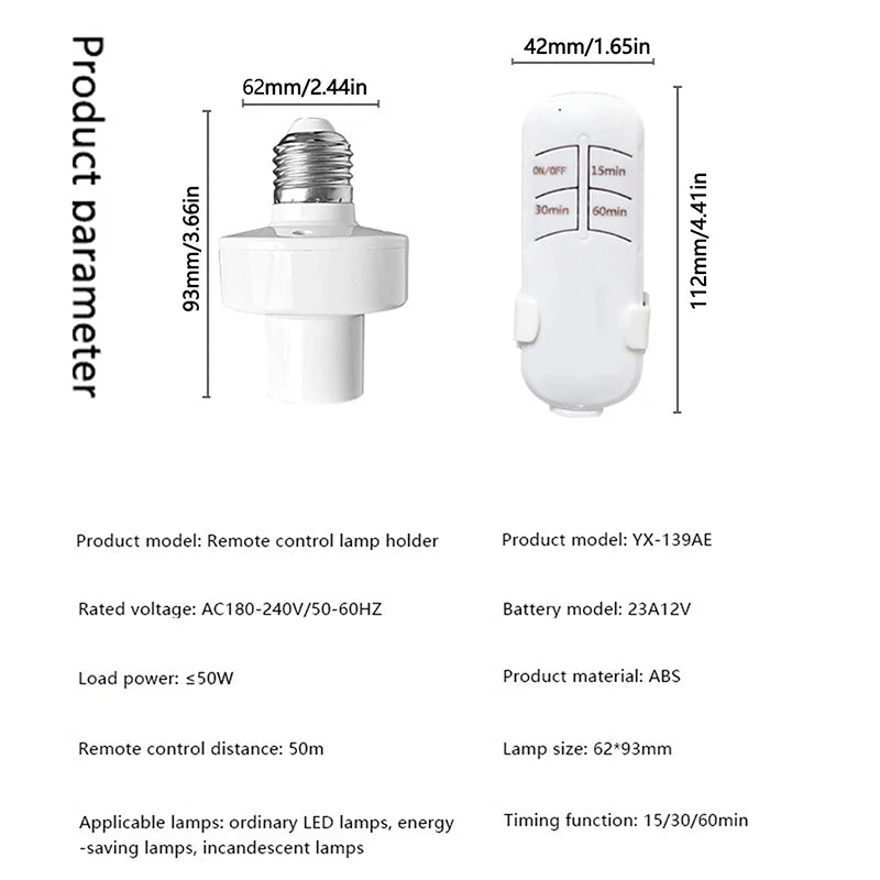 Smart Timer E27 Lamp Holder – Wireless Remote Control Light Socket, 110V-220V, 15m Range, Intelligent ON/OFF Switch