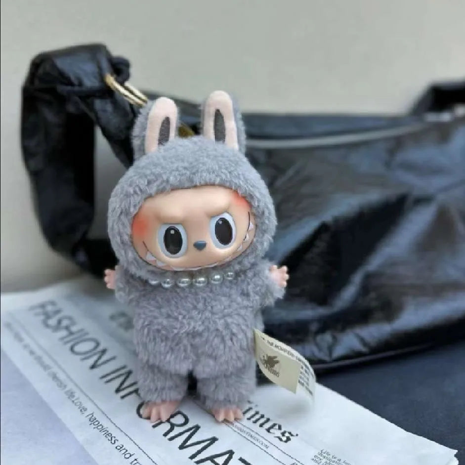 17cm Labubu Macaron Sitting Party Ornament — DIY Cute Plush Pendant with Pearl Necklace & Alloy Chain Accessory
