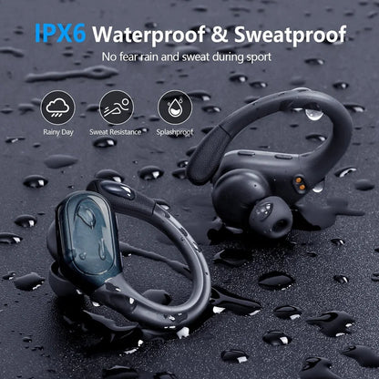 Bluetooth 5.3 True Wireless Earphones with Mic, Noise Reduction, Waterproof Sport Headset with Earhooks