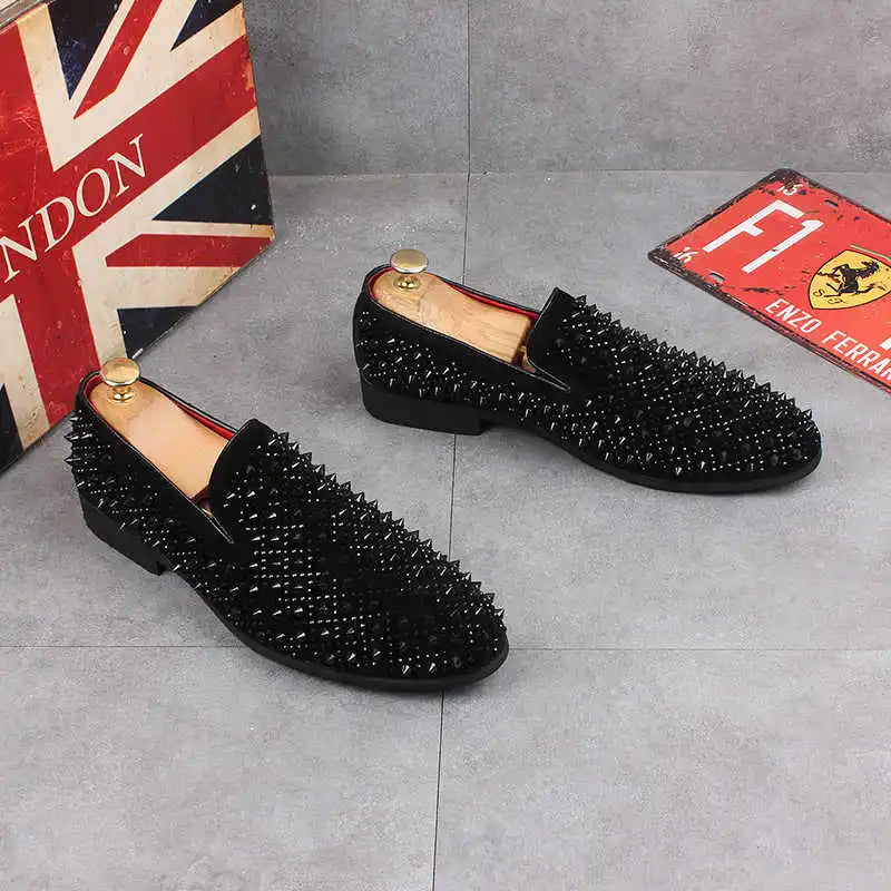 Men’s Luxury Rhinestone Loafers - Rivet Patchwork Casual Wedding, Prom and Formal Dress Shoes