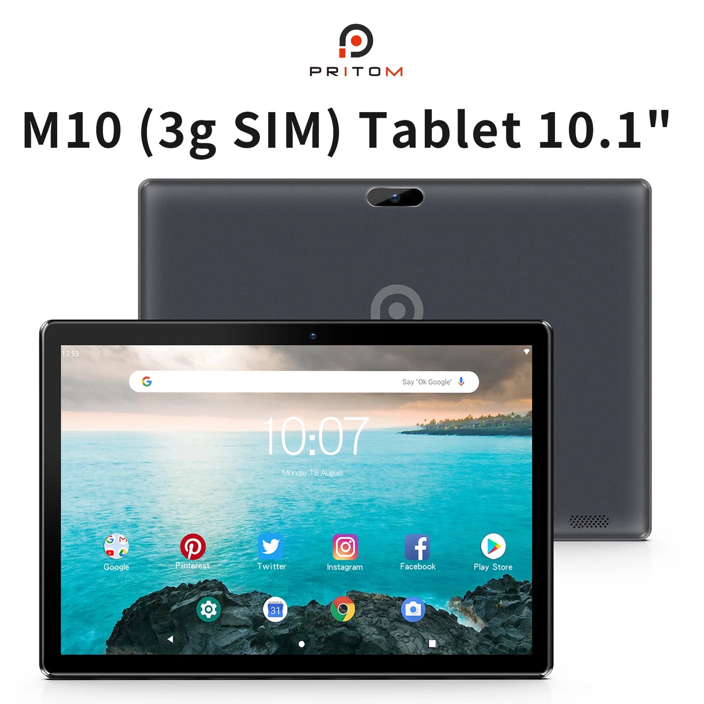 PRITOM 10-Inch Tablet PC – Android 13, 64GB, Quad-Core, SIM Slot, WiFi, GPS & 3G Phone Call Support