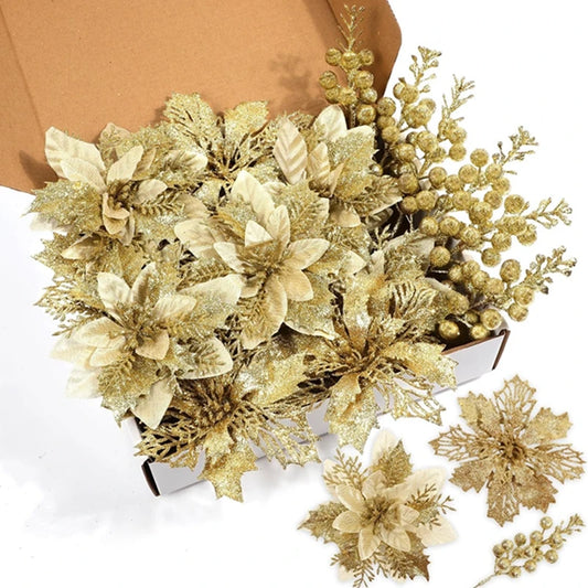 22PCS Christmas Decoration Set – Artificial Flowers & Berry Bouquet Ornaments for Tree, Home Decor, and Holiday Gifts