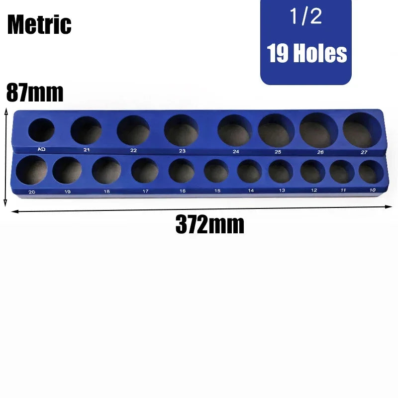 Blue Magnetic Socket Storage Rack - 1/4", 3/8" & 1/2" Drive Metric Tool Organizer Holder
