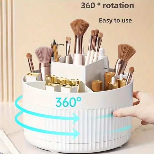 360° Rotating Makeup Organizer - 5 Compartment Plastic Cosmetic Holder for Brushes & Beauty Storage