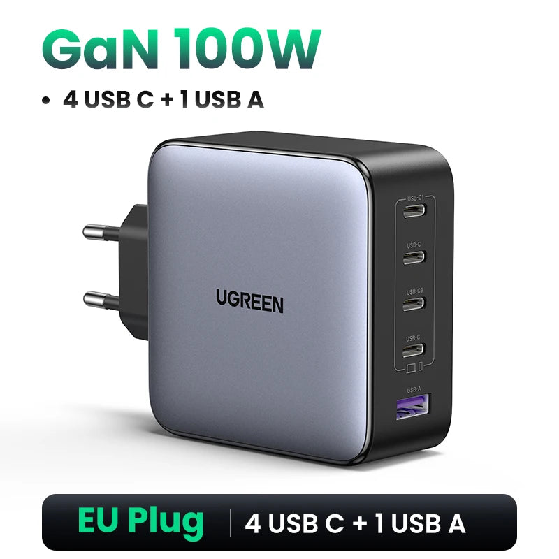 UGREEN 100W GaN 5-Port USB-C Charger – Fast Charger QC4.0/3.0 PPS for MacBook, Laptop, iPhone 16/15/14 Pro, Tablet