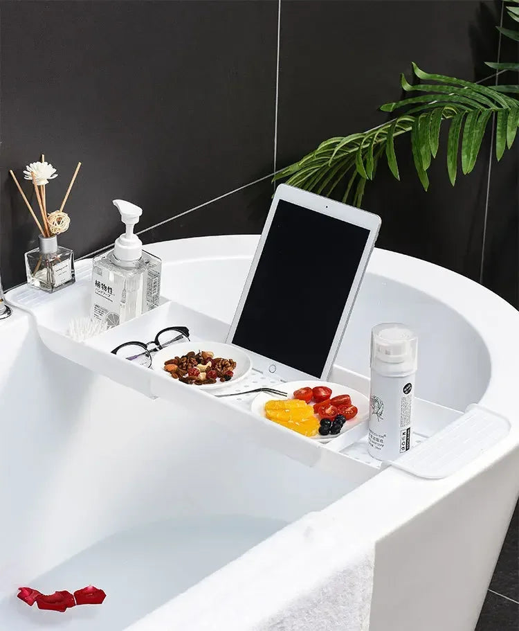 Extendable Bamboo Bathtub Shelf – Bathroom Tray & Shower Caddy for Towel, Book & Storage Organizer