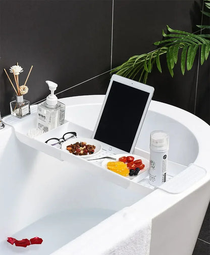 Extendable Bamboo Bathtub Shelf – Bathroom Tray & Shower Caddy for Towel, Book & Storage Organizer