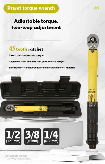 3/8” Bidirectional Torque Wrench — 5-60/19-110/10-140N·m Preset Tool for Bicycle, Motorcycle & Car Repair