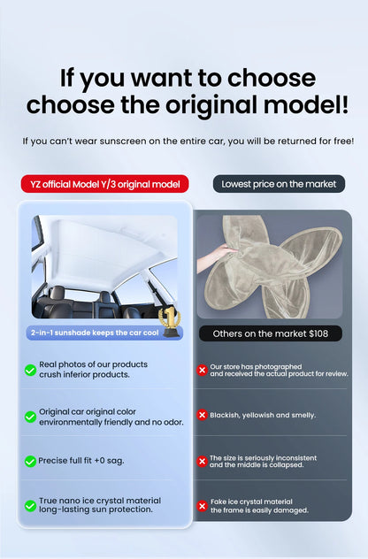 YZ Sun Visor Upgrade for Tesla Model 3 & Y Highland 2021-2024 – Ice Cloth Buckle Sunshade for Glass Roof & Skylight