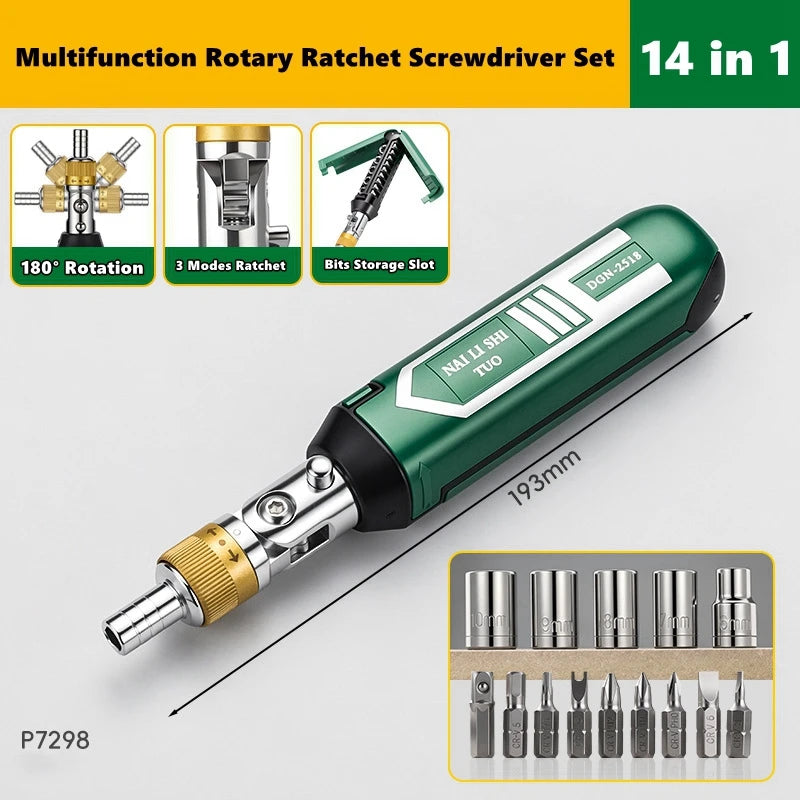 14-in-1 Rotary Ratchet Screwdriver Set - Magnetic Torx & Phillips Bits for Motor Repair and DIY Projects