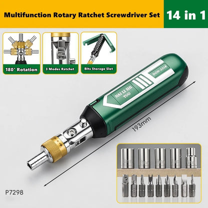 14-in-1 Rotary Ratchet Screwdriver Set - Magnetic Torx & Phillips Bits for Motor Repair and DIY Projects