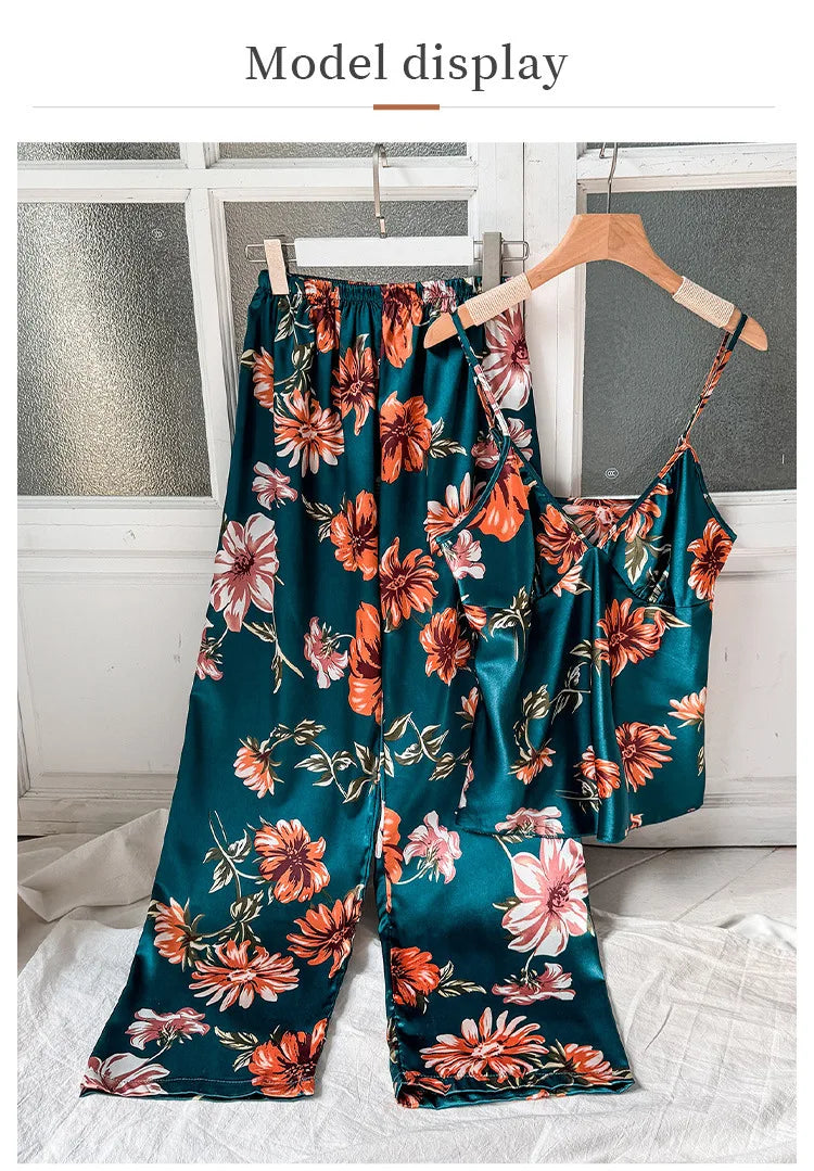 2pcs Women’s Summer Pajama Set – Printed Silk Suspenders Top & Long Pants Breathable Homewear