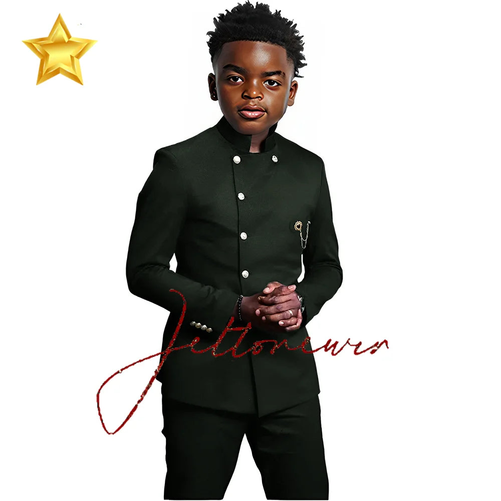 African Style Boys Suit - Stand Collar Blazer and Pants 2 Piece Casual Business Kids Formal Wear