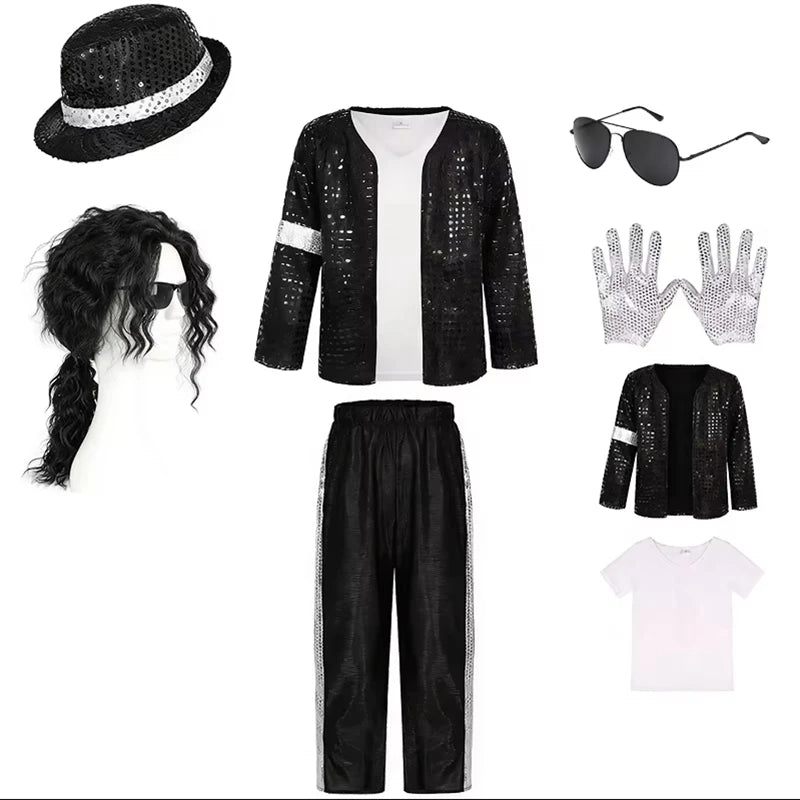 Michael Jackson Kids Costume - Pop Star Halloween Cosplay Dance Performance Outfit for Boys & Girls