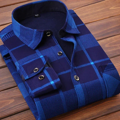 Men's Winter Plaid Flannel Shirt - Thick Fleece-Lined Long Sleeve Warm Casual Dress Shirt