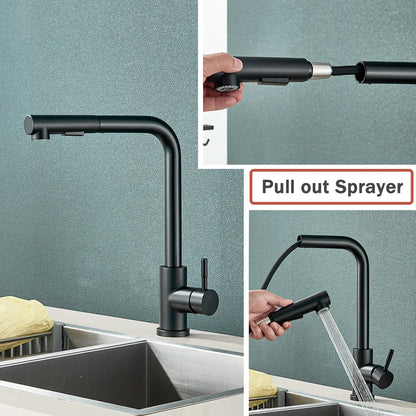 Black Flexible Pull-Out Kitchen Faucet - Stainless Steel 2-Mode Nozzle, 360° Rotating Hot & Cold Water Sink Mixer Tap