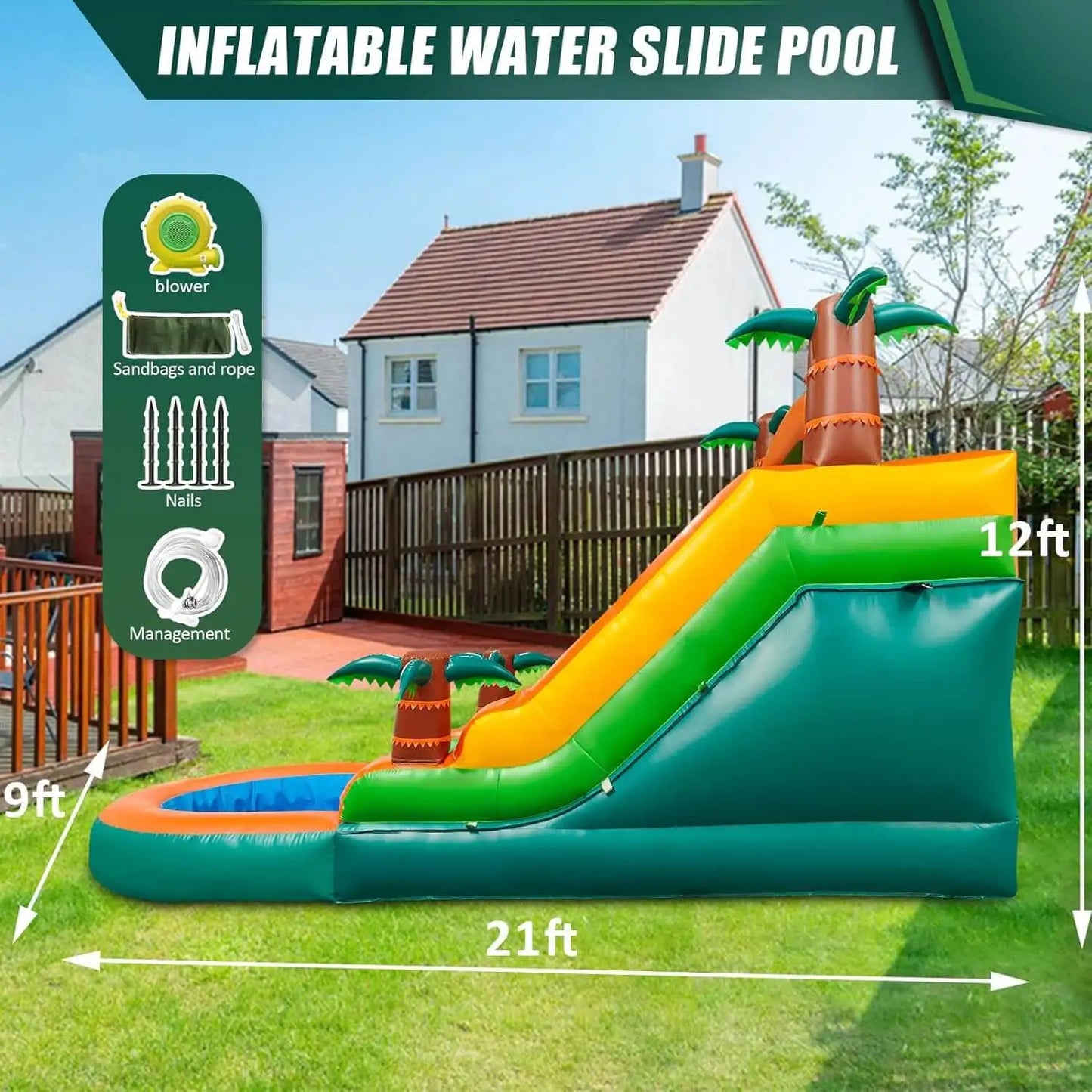 Inflatable Summer Water Pool & Double Slide Play Equipment – Outdoor Air Bounce Water Amusement Inflatable Bubble Ball Fun for Kids & Family