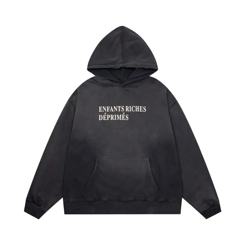 Washed Casual Hoodie Sweatshirt — Unisex Loose-Fit Street Style Crew Neck with Lip Print Letter Design, Vintage Comfortable Top