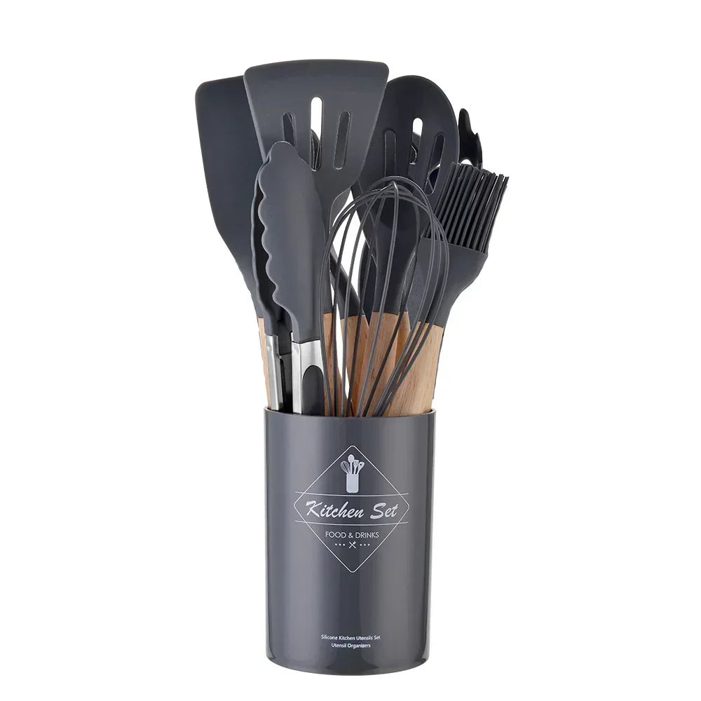 12PCS Silicone Kitchen Utensils Set - Food Grade Cookware with Turner, Spatula, Measuring Spoon, Practical Cooking Tools