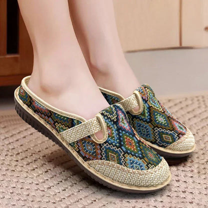 2024 Fashion Women’s Ethnic Embroidered Linen Shoes – Breathable Casual Outdoor Slippers