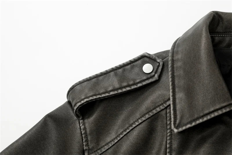 RARF 2024 Women's Washed Leather Jacket – Coal Gray Short Coat with Belt, Vintage Lapel & Zipper