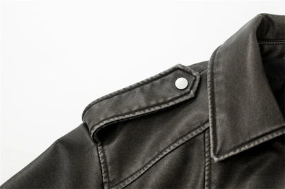 RARF 2024 Women's Washed Leather Jacket – Coal Gray Short Coat with Belt, Vintage Lapel & Zipper