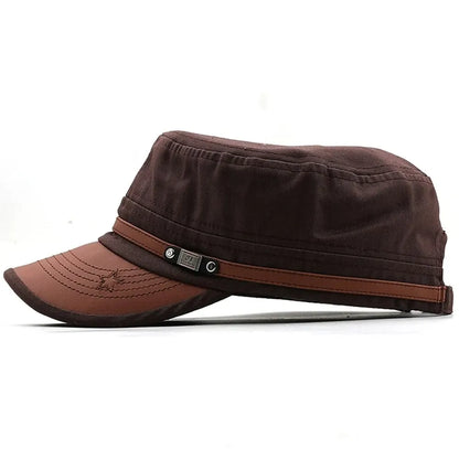Casual Cadet Hat for Men - Flat Top Cotton Visor Cap - Vintage Army Style Dad Hat for Summer and Autumn - Unisex Baseball Cap
